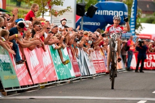 Austrian Alban Lakata celebrates his second place finish in at the Marathon World Championship. Photo courtesy UCI.