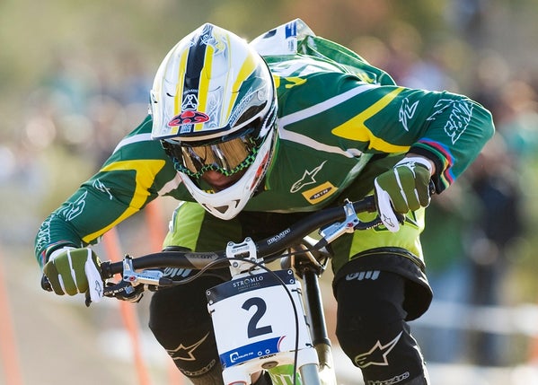 Australia's Greg Minnaar finished second in the men's downhill. He lost by 0.05 seconds to the UK's Steve Peat. Photo by Frank Bodenmüller SEE MORE PHOTOS BELOW