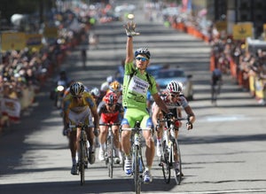 Stage 6, Amgen Tour of California 2010, Peter Sagan celebrates win at Big Bear. Sagan celebrates two in a row, and the third stage win for Liquigas.