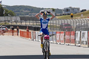 Georgia Gould (Luna Pro Team) celebrates her victory at the Sea Otter cross-country race. She won the event in 2009.