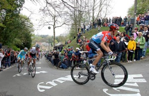 Andy Schleck leads Philippe Gilbert and Contador on the second ascent of the Mur de Huy. Andy Schleck leads Philippe Gilbert and Contador on the second ascent of the Mur de Huy.