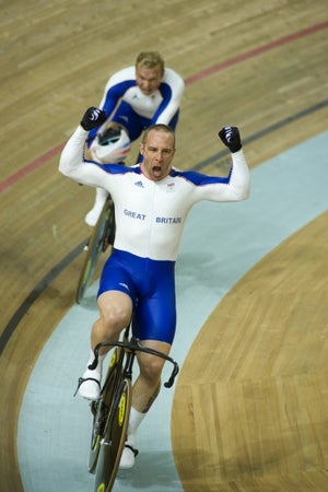 2008 Beijing Olympics, Jamie Staff celebrates team sprint win. Staff celebrates the team sprint win in Beijng
