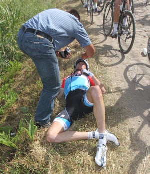 2010 Tour de France, stage 3, Fränk Schleck 2010 Tour de France, stage 3, Fränk Schleck crashed on the cobbles and will
