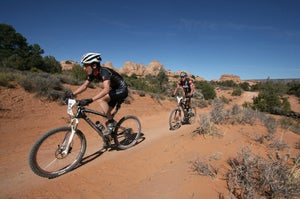 Kelly Magelky, who finished second overall in the men's solo field at the 2009 24-Hours of Moab, leads Josh Toatado, who was the eventual overall solo winner, early in the day. Photo by Garrett Geer