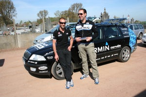 2011 Paris-Roubaix, Garmin-Cervélo, Alex Banyay and Joachim Schoomacker Mechanic Alex Banyay and Joachim Schoomacker joke during a lull in the day's action. Photo: Nick Legan