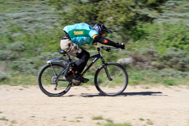 A non-UCI compliant aero position and a pre-inflated air bag. Photo: Steve Frothingham