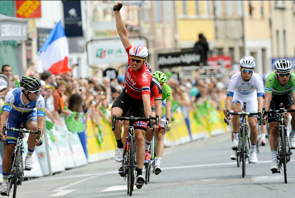 Edvald Boasson Hagen praised his team after sprinting to victory in the third stage of the Critérium du Dauphiné. Photo: Graham Watson | <a id="www.grahamwatson.com" href="http://grahamwatson.com">www.grahamwatson.com</a>