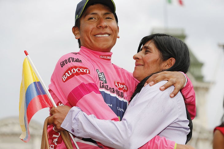 Nairo Quintana and his mother after winning the 2014 Giro d'Italia. Tim De Waele | TDWsport.com