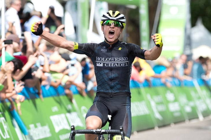 Rob Carpenter celebrated his stage 2 win in the Tour of Utah from a long breakaway of two riders. Photo: Casey B. Gibson | www.cbgphoto.com