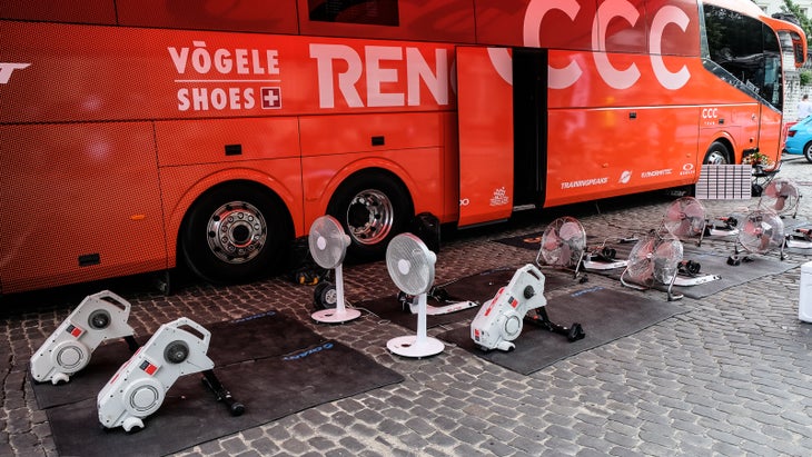 fans to move air while cyclists warm up