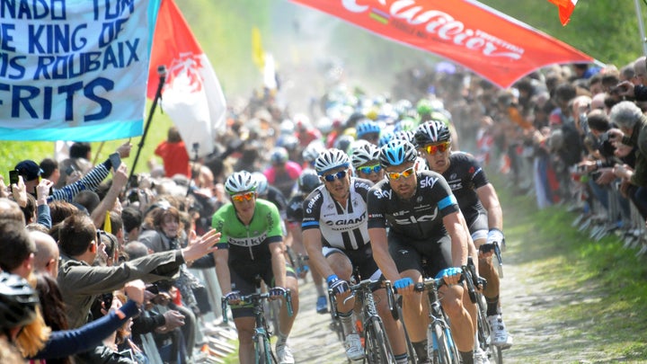 Sep Vanmarke, Bernard Eisel, and John Degenkolb on the Arenberg cobbles sector of the Paris-Roubaix