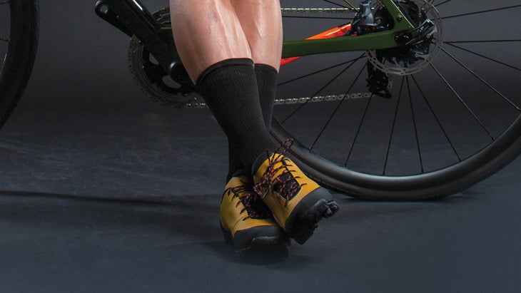 Close-up of gravel cycling shoes and socks.
