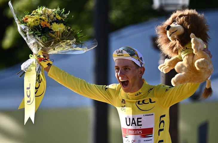 Tadej Pogacar celebrates his second Tour de France overall win