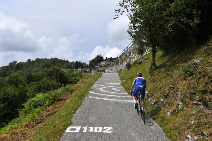 Evenepoel recons the steep slopes of the Sormano climb. Photo: Tim de Waele/Getty Images
