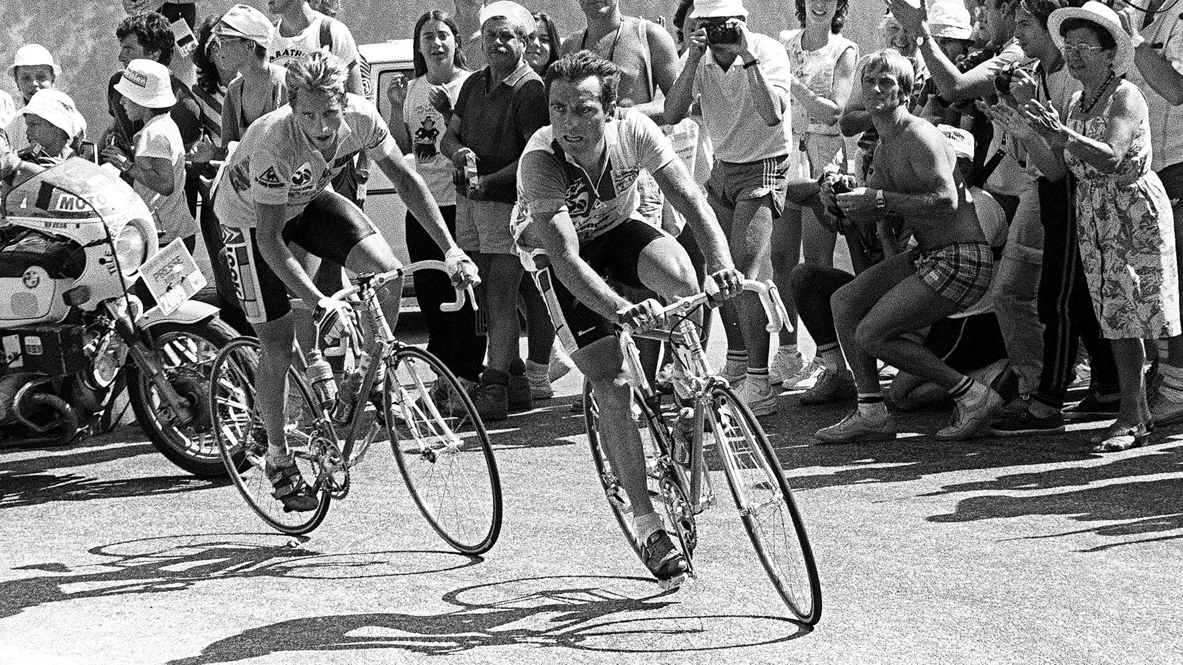 Greg Lemond and Bernard Hinault on the Alpe d'Huez in the 1986 Tour de France
