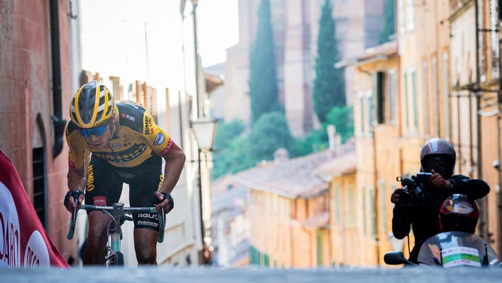 Van Aert finally topped the podium at the Strade Bianche after two third-place finishes.