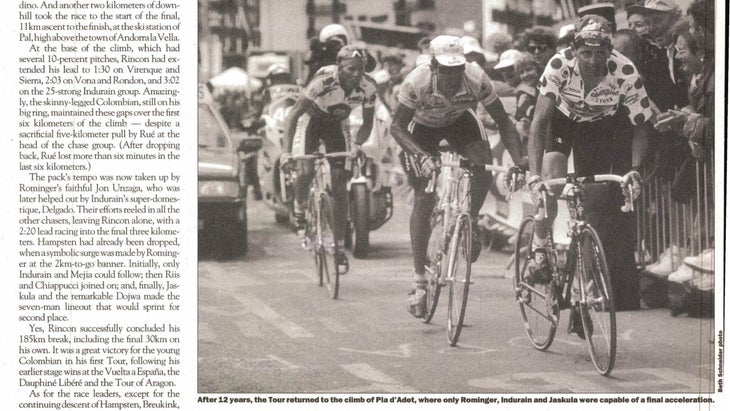 Shot of the interior of VeloNews print issue from 1993