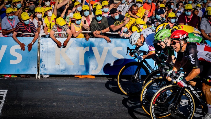 Caleb Ewan, Sam Bennett, Wout van Aert, and Peter Sagan battling for the line on stage 11 of the 2020 Tour de France