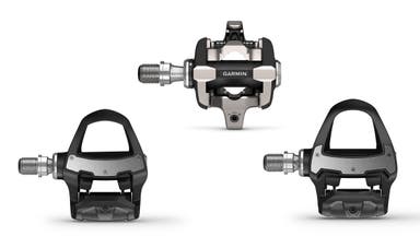 Garmin Rally power-meter pedals for gravel/XC, Shimano road cleats, and Look Keo cleats