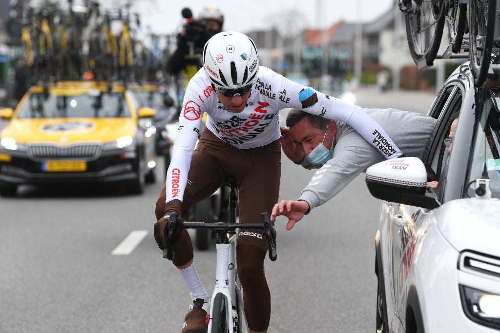 Michael Schär, shown here at Sunday's Tour of Flanders, was ejected from the Belgian monument for tossing a water bottle outside of a designated zone.