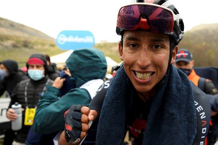 First-placed Team Ineos rider Colombia's Egan Bernal celebrates after crossing the finish line of the ninth stage of the Giro d'Italia 2021 cycling race, 158 km between Castel di Sangro and Campo Felice (Rocca di Cambio) on May 16, 2021. (Photo by Fabio FERRARI / POOL / AFP) (Photo by FABIO FERRARI/POOL/AFP via Getty Images)