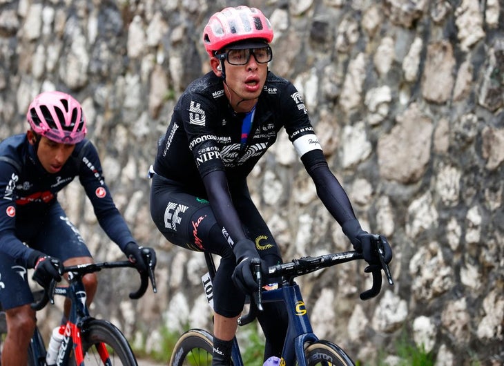 Overall leader Team Ineos rider Colombia's Egan Bernal (L) and Team EF Education rider Great Britain's Hugh Carthy ride during the 16th stage of the Giro d'Italia 2021 cycling race, 153km between Sacile and Cortina d'Ampezzo on May 24, 2021. (Photo by Luca Bettini / AFP) (Photo by LUCA BETTINI/AFP via Getty Images)