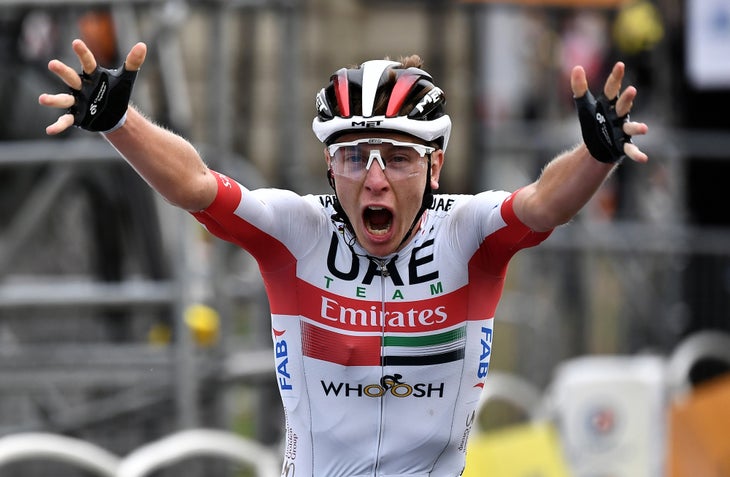 LARUNS, FRANCE - SEPTEMBER 06: Arrival / Tadej Pogacar of Slovenia and UAE Team Emirates / Celebration / during the 107th Tour de France 2020, Stage 9 a 153km stage from Pau to Laruns 495m / #TDF2020 / @LeTour / on September 06, 2020 in Laruns, France. (Photo by Marco Bertorello - Pool/Getty Images)