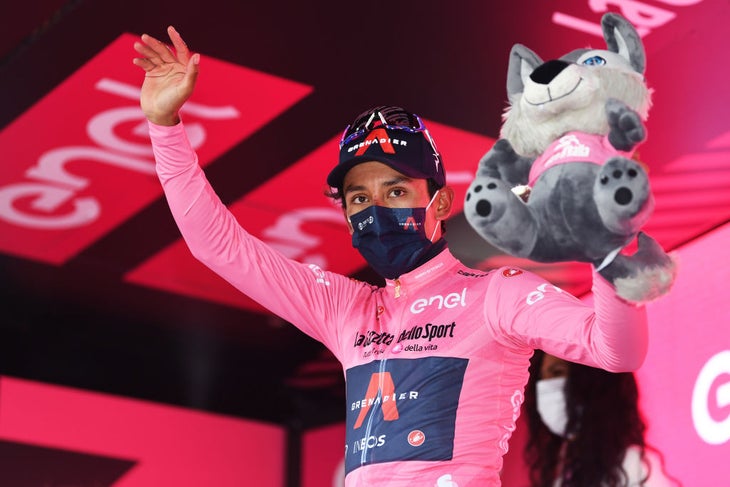 CAMPO FELICE - ROCCA DI CAMBIO, ITALY - MAY 16: Egan Arley Bernal Gomez of Colombia and Team INEOS Grenadiers Pink Leader Jersey celebrates at podium during the 104th Giro d'Italia 2021, Stage 9 a 158km stage from Castel di Sangro to Campo Felice - Rocca di Cambio 1665m / Mascot / @girodiitalia / #Giro / #UCIworldtour / on May 16, 2021 in Campo Felice - Rocca di Cambio, Italy. (Photo by Tim de Waele/Getty Images)