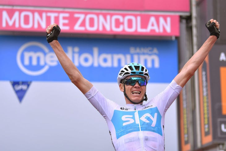 MONTE ZONCOLAN, ITALY - MAY 19: Arrival / Christopher Froome of Great Britain and Team Sky / Celebration / during the 101st Tour of Italy 2018, Stage 14 a 186km stage from San Vito Al Tagliamento to Monte Zoncolan 1730m / Giro d'Italia / on May 19, 2018 in Monte Zoncolan, Italy. (Photo by Tim de Waele/Getty Images)