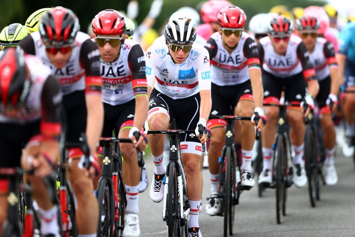 FOUGERES, FRANCE - JUNE 29: Tadej Pogačar of Slovenia and UAE-Team Emirates white best young jersey during the 108th Tour de France 2021, Stage 4 a 150,4km stage from Redon to Fougères / @LeTour / #TDF2021 / on June 29, 2021 in Fougeres, France. (Photo by Michael Steele/Getty Images)