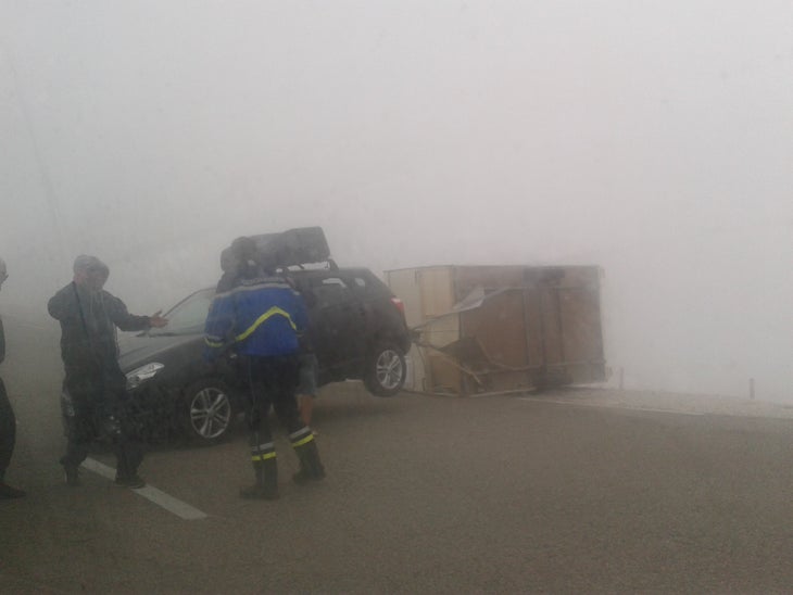 A caravan blown over in the wind on Mont Ventoux at the 2016 Tour de France