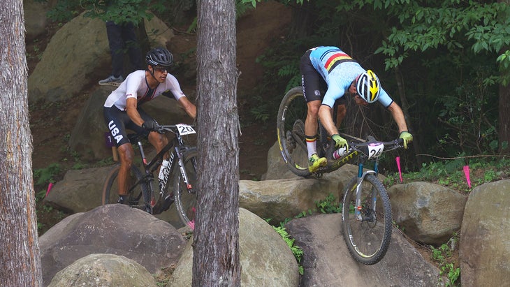 Christopher Blevins chased to 14th place in the 2021 Tokyo Olympic cross-country mountain bike race.