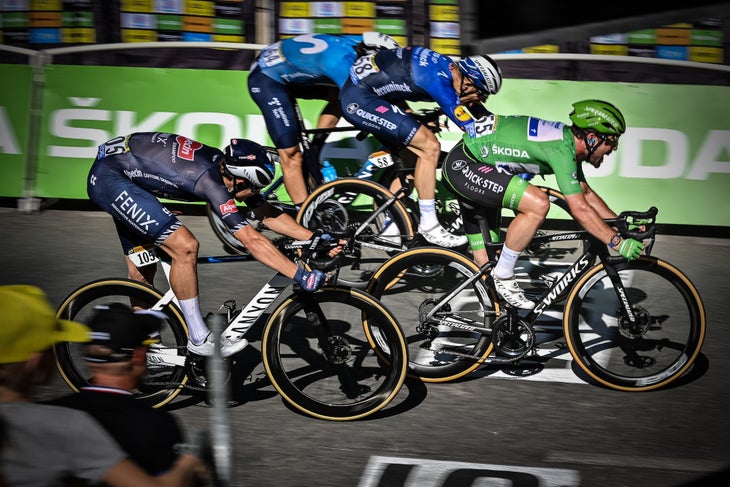 British Mark Cavendish of Deceuninck - Quick-Step sprints to the finish of stage 13 of the 108th edition of the Tour de France cycling race, from Nimes to Carcassonne (219,9 km) in France, Friday 09 July 2021. This year's Tour de France takes place from 26 June to 18 July 2021. BELGA PHOTO DAVID STOCKMAN (Photo by DAVID STOCKMAN/BELGA MAG/AFP via Getty Images)
