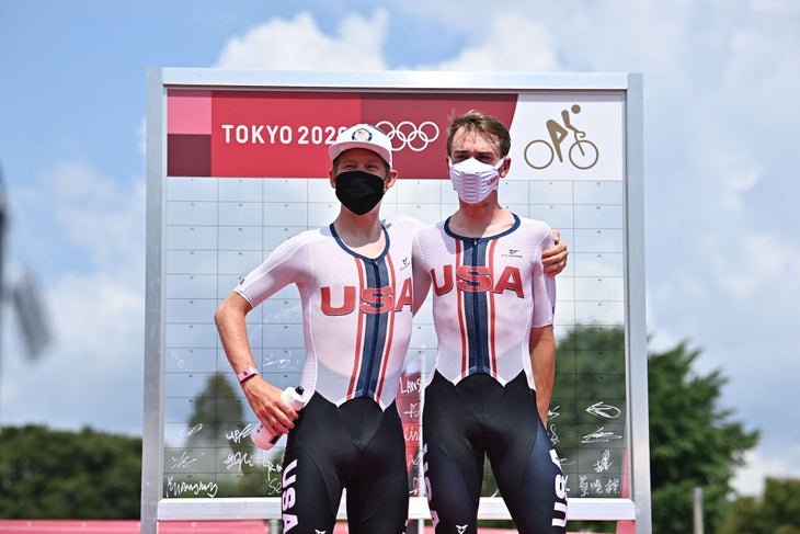 Lawson Craddock (L) and Brandon McNulty before the road race