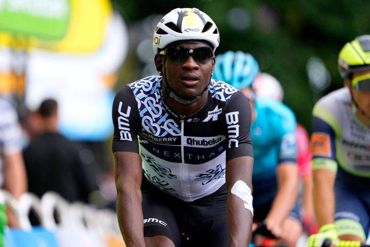 FOUGERES, FRANCE - JUNE 29: Nic Dlamini of South Africa and Team Qhubeka NextHash at arrival during the 108th Tour de France 2021, Stage 4 a 150,4km stage from Redon to Fougères / @LeTour / #TDF2021 / on June 29, 2021 in Fougeres, France. (Photo by Daniel Cole - Pool/Getty Images)