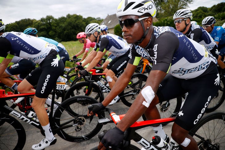 FOUGERES, FRANCE - JUNE 29: Nic Dlamini of South Africa and Team Qhubeka NextHash during the 108th Tour de France 2021, Stage 4 a 150,4km stage from Redon to Fougères / @LeTour / #TDF2021 / on June 29, 2021 in Fougeres, France. (Photo by Chris Graythen/Getty Images)