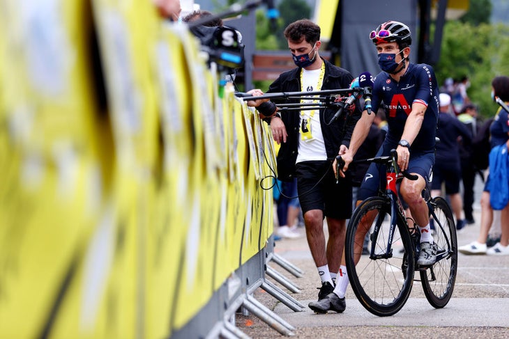 LE GRAND BORNAND, FRANCE - JULY 03: Geraint Thomas of The United Kingdom and Team INEOS Grenadiers at start during the 108th Tour de France 2021, Stage 8 a 150,8km stage from Oyonnax to Le Grand-Bornand / Press / Media / Interview / @LeTour / #TDF2021 / on July 03, 2021 in Le Grand Bornand, France. (Photo by Michael Steele/Getty Images)