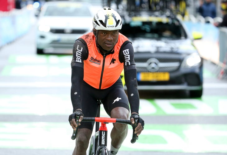 TIGNES, FRANCE - JULY 4: Nicholas Dlamini of South Africa and Team Qhubeka-Nexthash crosses the finish line - after the deadline, 1h24mn after the winner - of stage 9 of the 108th Tour de France 2021, a stage of 145 km between Cluses and Tignes / @LeTour / #TDF2021 / on July 4, 2021 in Tignes, France. (Photo by John Berry/Getty Images)