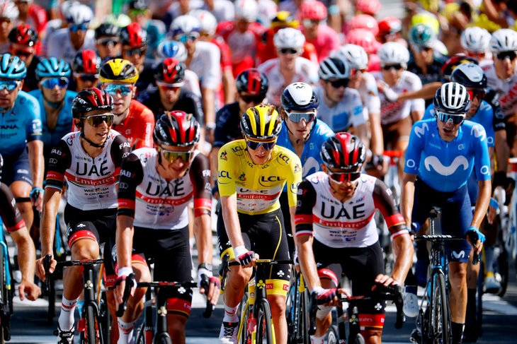 LIBOURNE, FRANCE - JULY 16: Tadej Pogačar of Slovenia and UAE-Team Emirates yellow leader jersey & The peloton at arrival during the 108th Tour de France 2021, Stage 19 a 207km stage from Mourenx to Libourne / @LeTour / #TDF2021 / on July 16, 2021 in Libourne, France. (Photo by Chris Graythen/Getty Images)