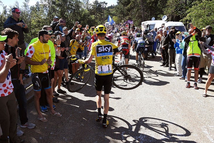 Chris Froome finally gets a bike after running up Mont Ventoux