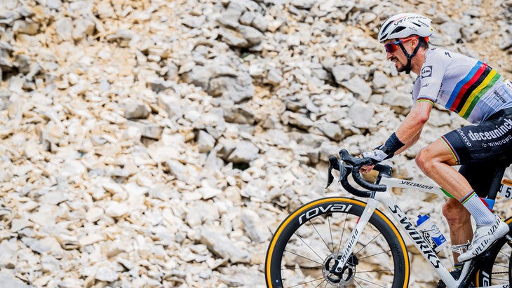 Julian Alaphilippe lead the first of two laps over Mont Ventoux.