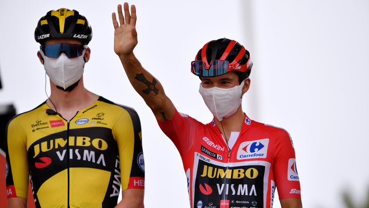 Primoz Roglic took a tumble on a high-speed descent, while wearing the race leader's jersey on stage 10 of the 2021 Vuelta a España.
