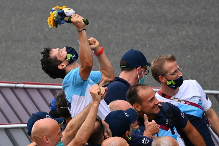 Primoz Roglic celebrates his Olympic time trial win