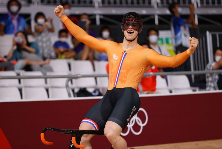 Harrie Lavreysen celebrates the Dutch win in the team sprint