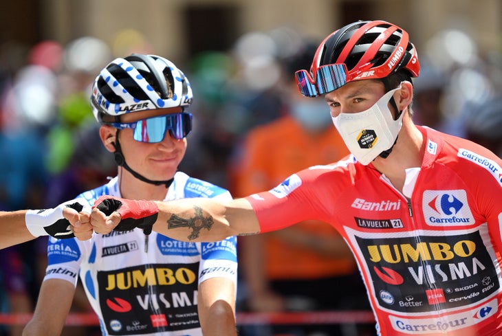 BURGOS, SPAIN - AUGUST 15: Primoz Roglic of Slovenia and Team Jumbo - Visma red leader jersey prior to the 76th Tour of Spain 2021, Stage 2 a 166,7km stage from Caleruega - Monasterio de Santo Domingo de Guzmán to Burgos - Gamonal / @lavuelta / #LaVuelta21 / #CapitalMundialdelCiclismo / on August 15, 2021 in Burgos, Spain. (Photo by Stuart Franklin/Getty Images)