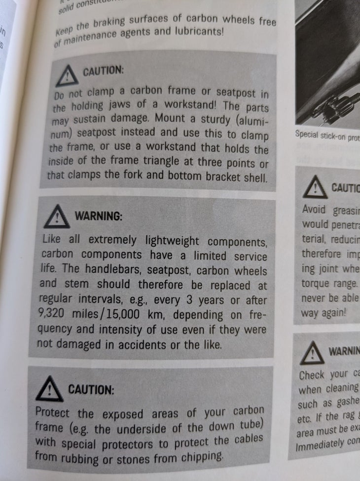 The Canyon Grail owners manual regarding the wear and lifespan of carbon fiber.