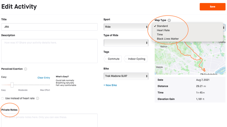 Strava desktop view allows one to select a map type (top right) and private notes (bottom left) but the recently added advanced features are available in the mobile app.