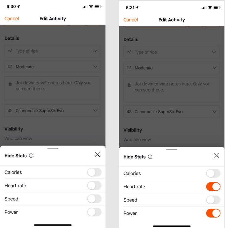 Strava now allows users to hide specific ride metrics.