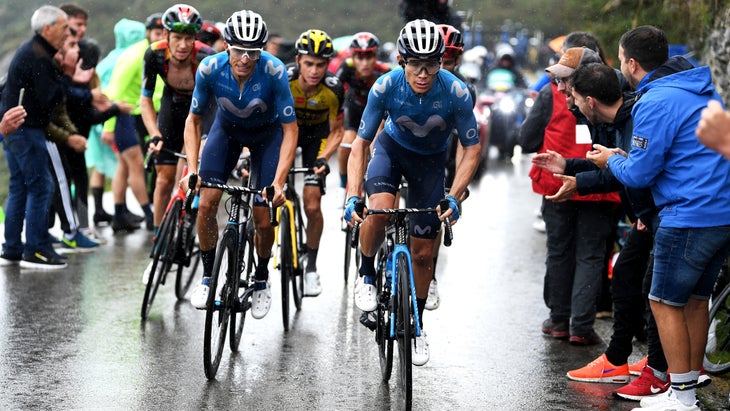 LAGOS DE COVADONGA, SPAIN - SEPTEMBER 01: (L-R) Enric Mas Nicolau of Spain and Miguel Ángel López Moreno of Colombia and Movistar Team compete during the 76th Tour of Spain 2021, Stage 17 a 185,5km stage from Unquera to Lagos de Covadonga 1.085m / @lavuelta / #LaVuelta21 / on September 01, 2021 in Lagos de Covadonga, Spain. (Photo by Tim de Waele/Getty Images)