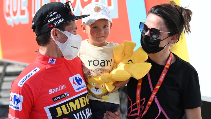 Roglic and his fan club at the finish of stage 19 of the 2021 Vuelta a España.